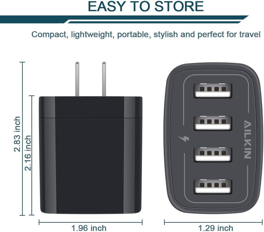 Wall Charger, USB Charger Adapter,  4.8A 4Multi Port Fast Charging Station Power Base Block Plug Cube Brick for Iphone 17 16 15 14 SE 13 12 11Pro Max/X/Plus, Samsung A16/A17/S25/S24 Kindle Plug